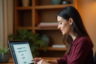 Femme consultant ses heures de travail et congés sur un portail employé via son ordinateur portable à domicile