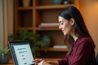 Femme consultant ses heures de travail et congés sur un portail employé via son ordinateur portable à domicile