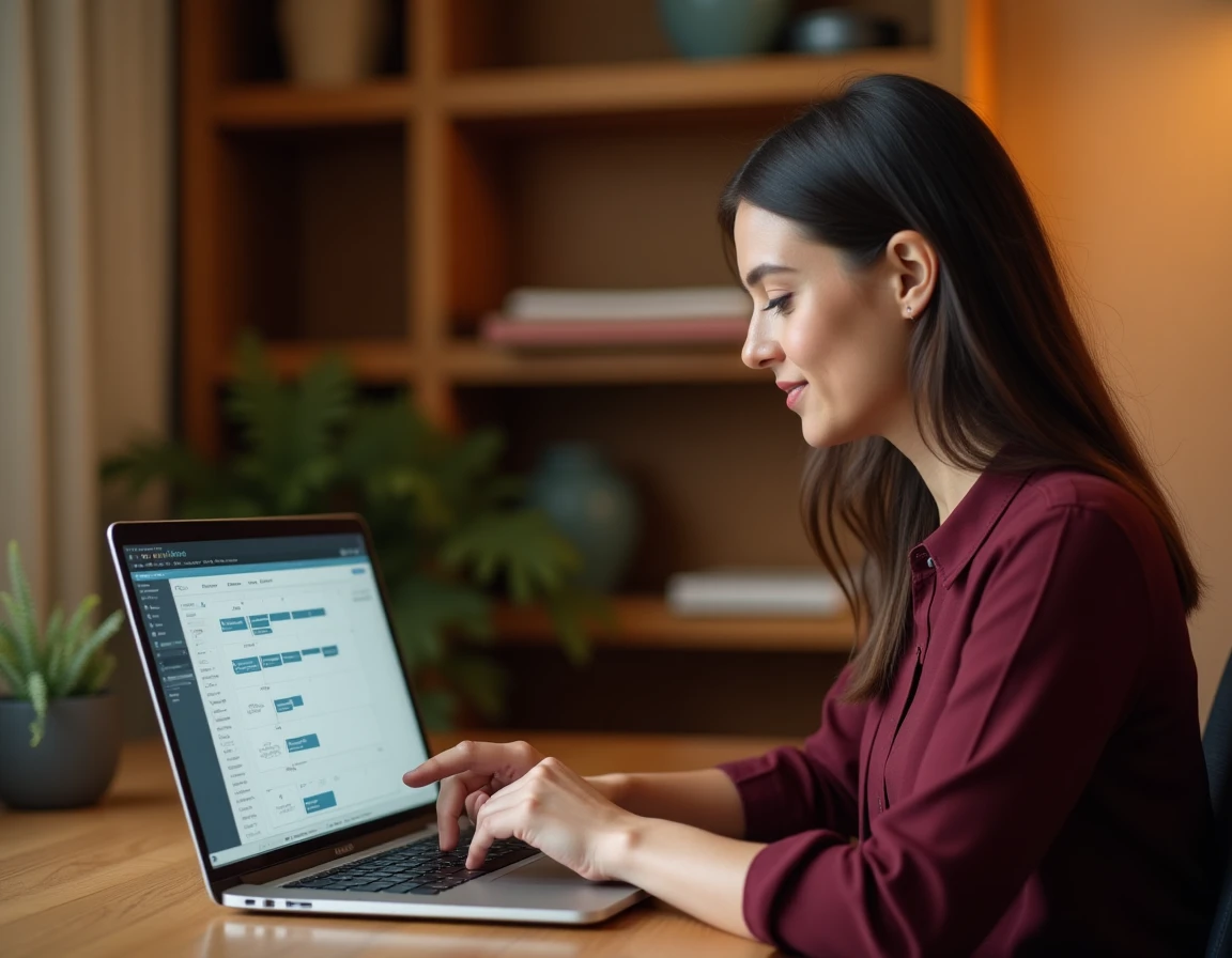 Femme consultant ses heures de travail et congés sur un portail employé via son ordinateur portable à domicile