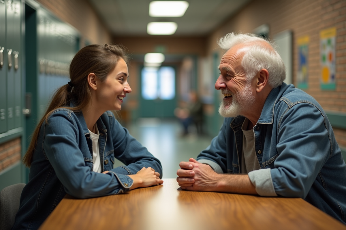 Jeune femme et homme âgé discutant dans un couloir scolaire