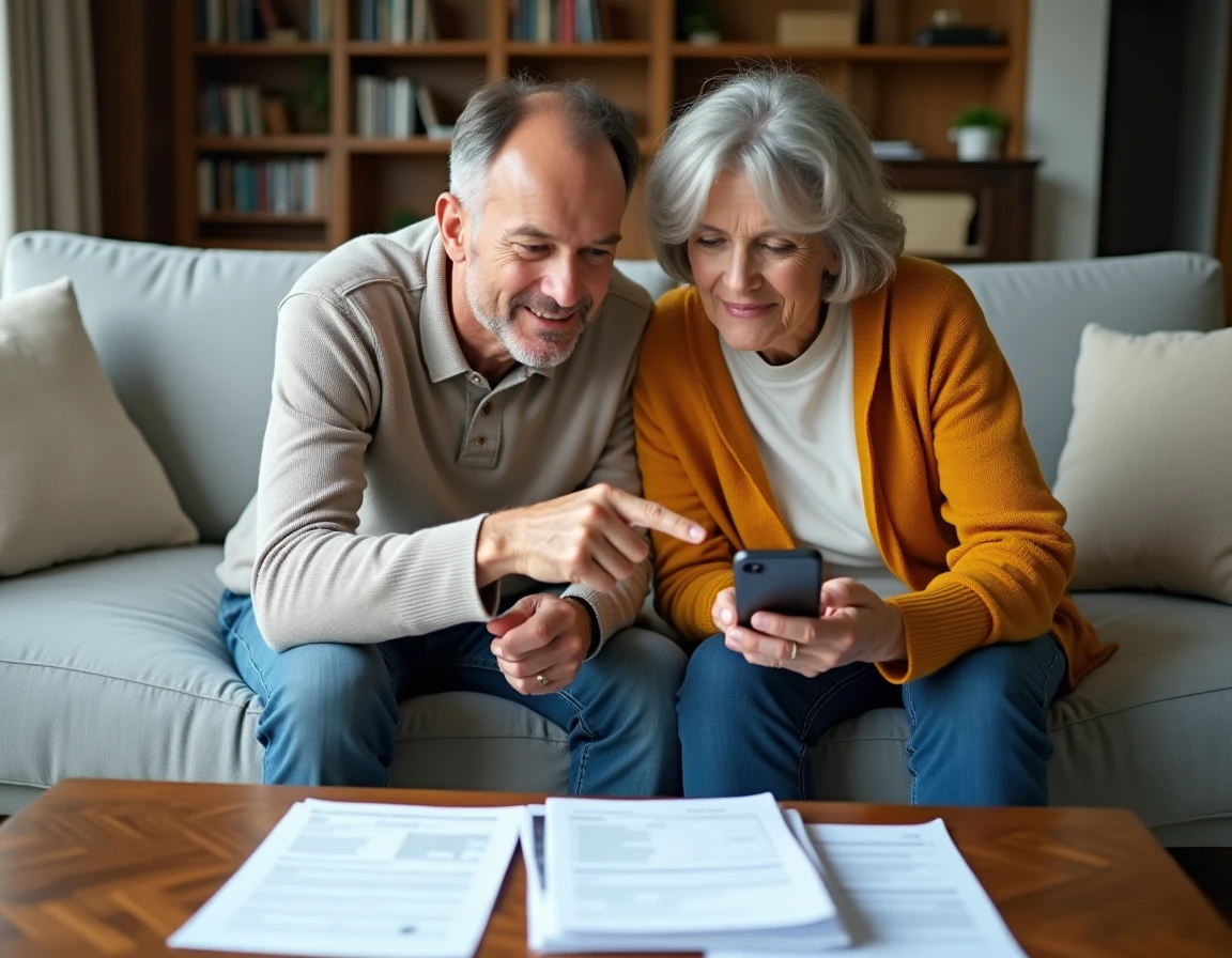 Couple consultant une application de coffre-fort numérique sur smartphone pour archiver leurs anciens documents papier avec My People Doc