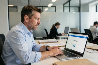 Courtier en assurance frustré face à une erreur de connexion sur l'extranet AXA depuis son bureau professionnel