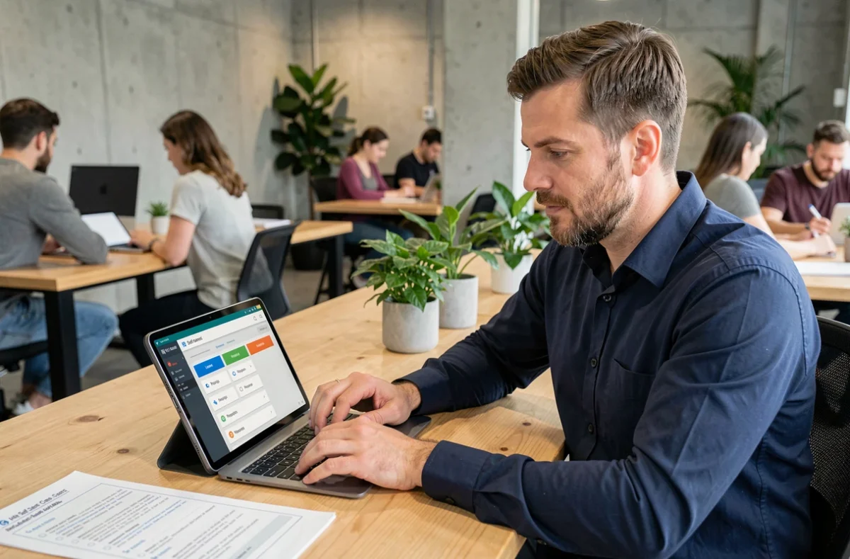 Homme en espace de coworking consultant son interface RH M'RH connexion sur tablette
