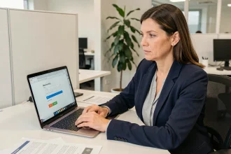 Employée en train de créer un compte en ligne sur un portail CSE depuis son bureau d'entreprise