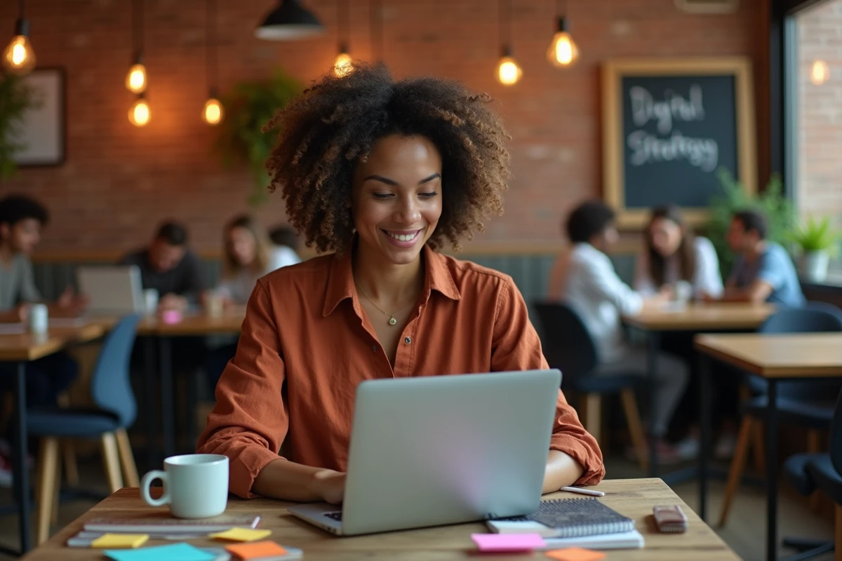 Jeune créatrice de contenu élaborant une stratégie de diffusion digitale durable dans un espace de coworking
