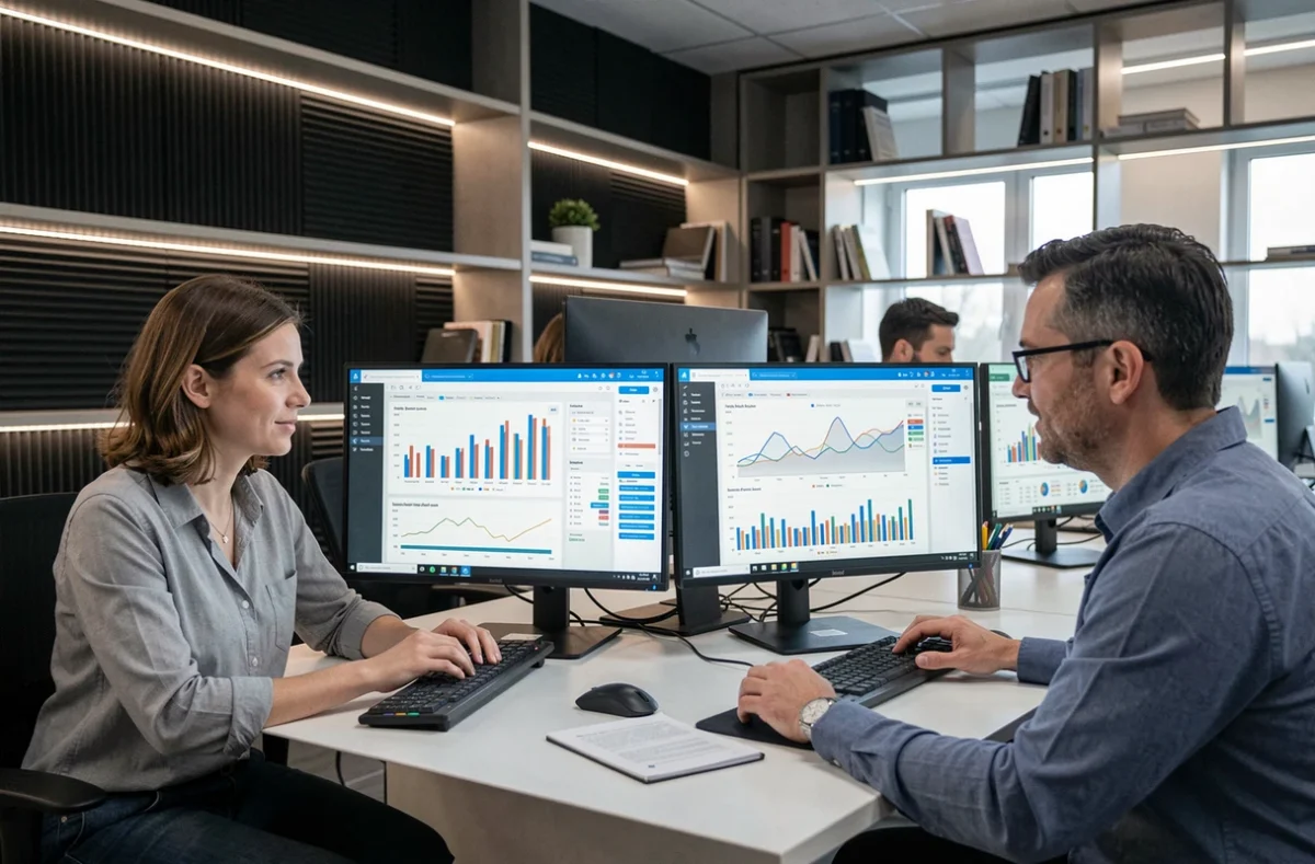 Équipe de l'agence DATASOLUTION analysant des tableaux de bord digitaux dans un bureau technologique moderne