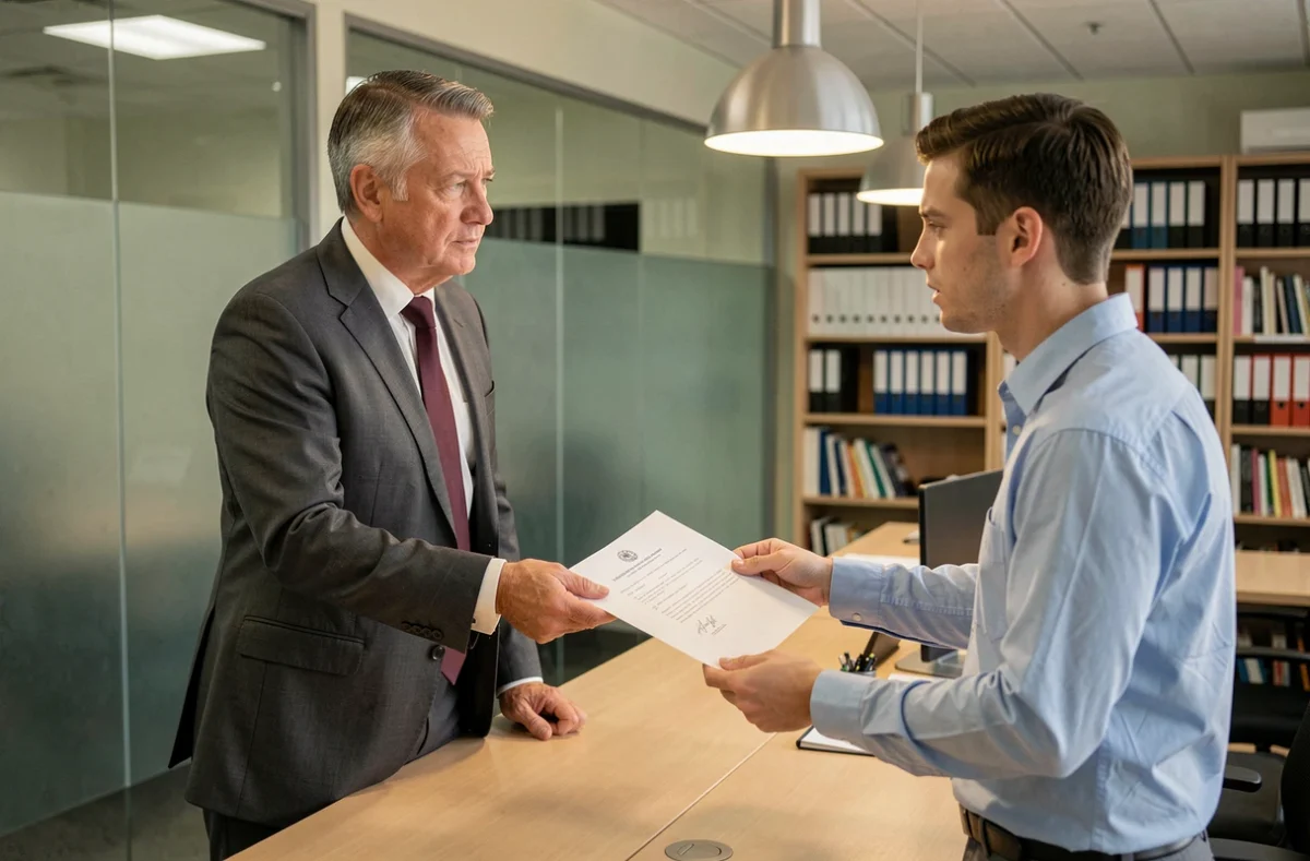 Manager remettant un document signé par procuration à un collègue dans un environnement professionnel juridique