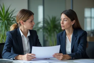 Employée et responsable RH en train de discuter d'une demande de rupture conventionnelle autour d'un bureau en entreprise