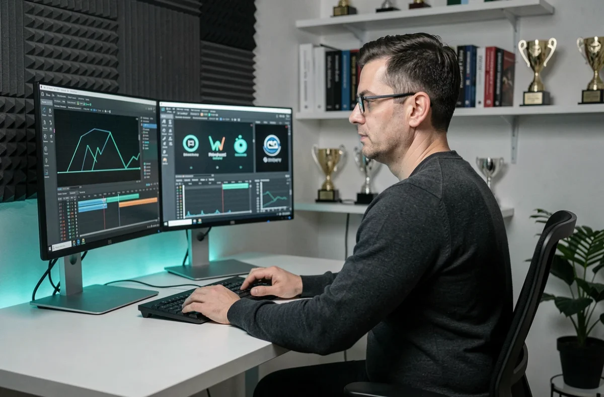 Designer motion graphics travaillant sur des animations de logo dans un studio créatif professionnel pour une agence digitale innovante