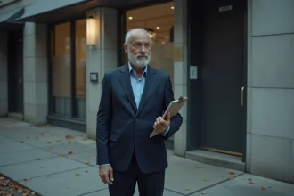 Detective en costume bleu devant un bâtiment mystérieux