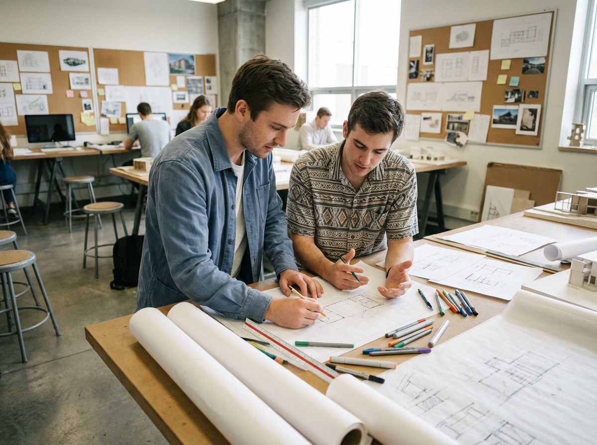 Deux étudiants collaborant sur des dessins d architecture en studio créatif