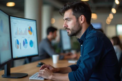 Développeur web analysant le tableau de bord d'un site vitrine SaaS dans un bureau moderne à Bucarest