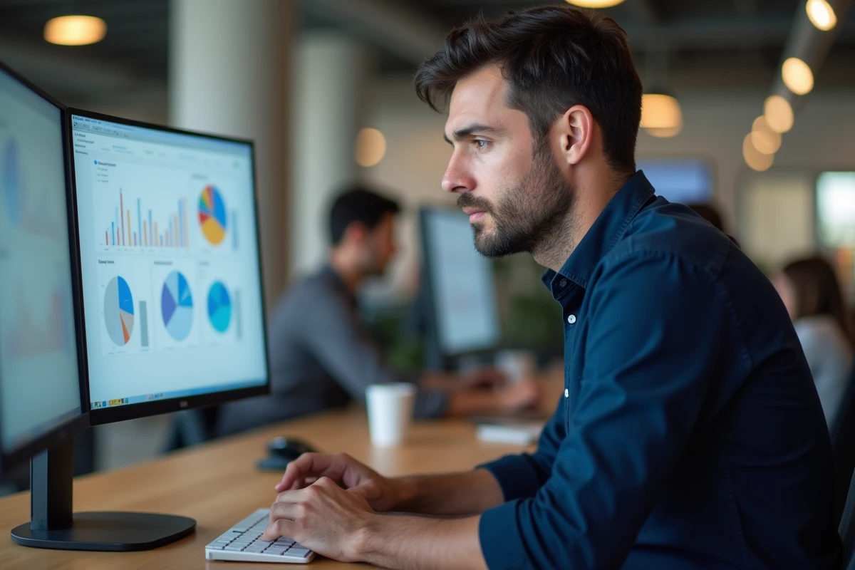 Développeur web analysant le tableau de bord d'un site vitrine SaaS dans un bureau moderne à Bucarest