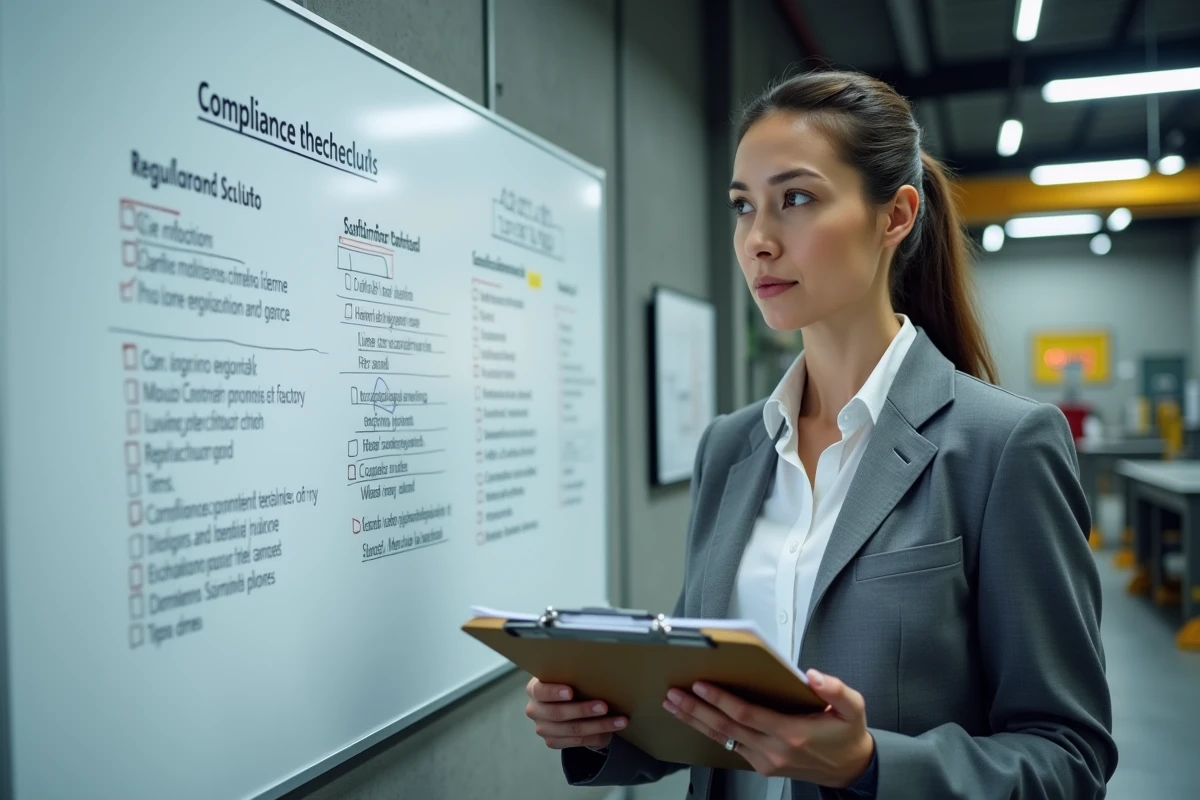 Directrice industrielle debout devant un tableau de conformité réglementaire dans un bureau de gestion d'usine avec vue sur la production