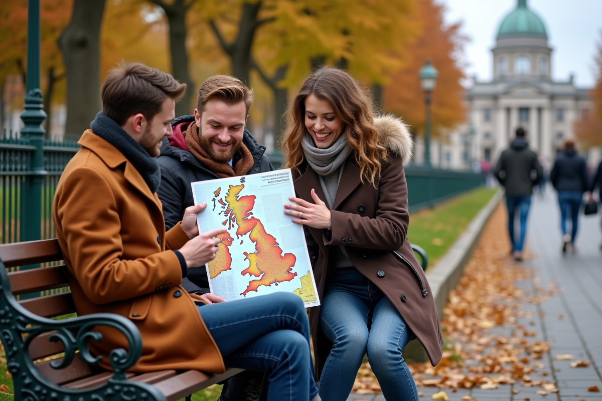 Jeunes discutant carte regions taxe carbone en parc