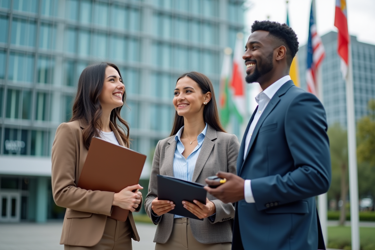 Groupe de jeunes professionnels discutant devant un centre international