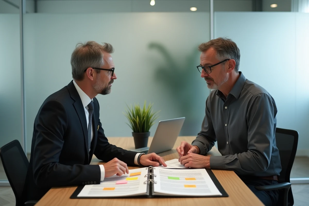 Deux entrepreneurs discutant des clauses d'un mémorandum légal industriel dans une salle de réunion minimaliste avec un classeur juridique ouvert