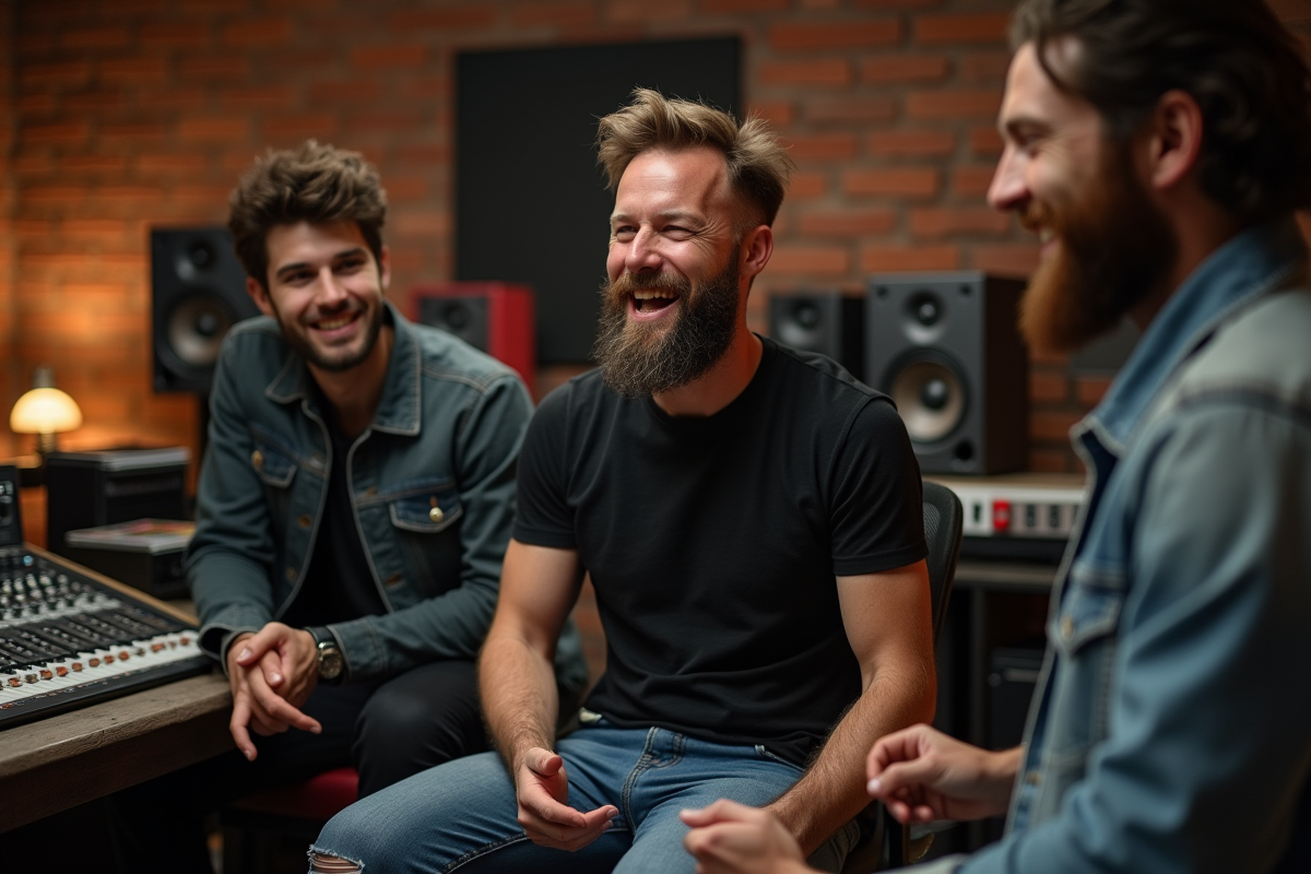 Groupe de musiciens en studio discutant