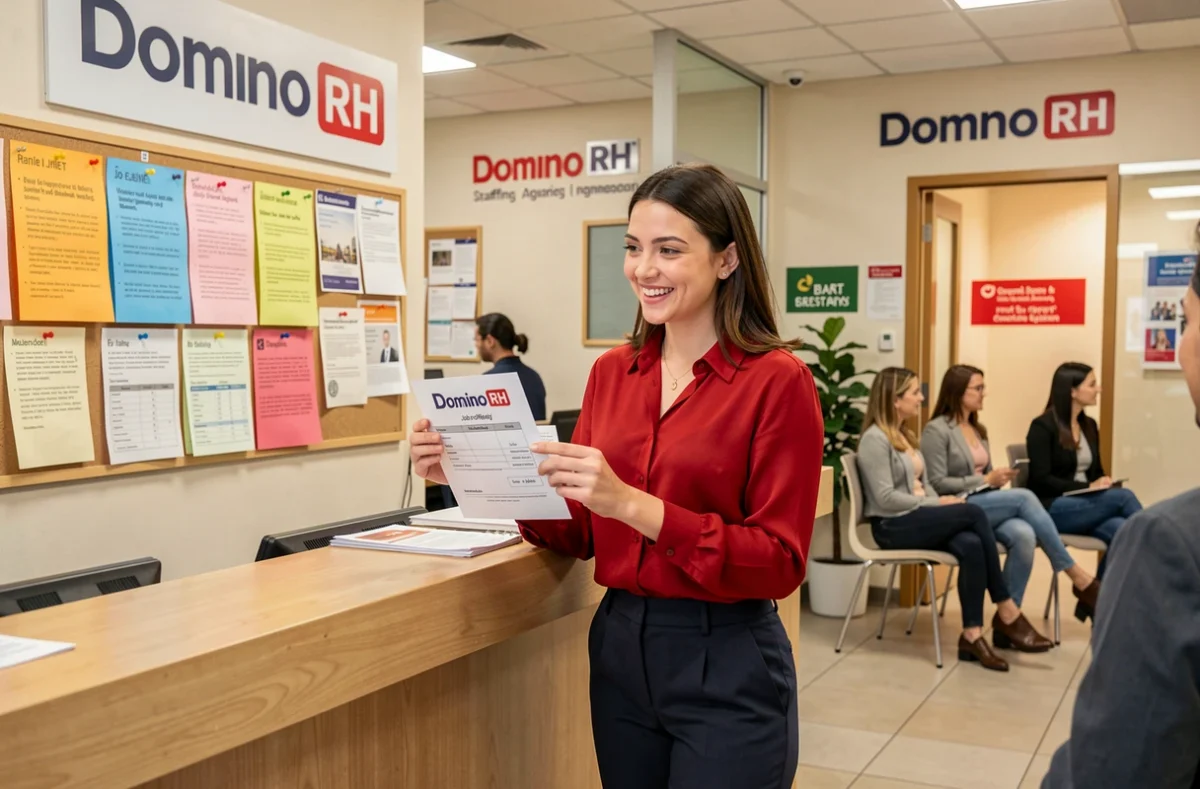 Coordinatrice Domino RH accueillant un candidat à l'agence d'intérim avec offres d'emploi disponibles