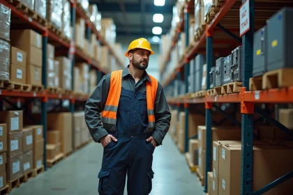 &Eacute;lectricien en atelier industriel avec mat&eacute;riel &eacute;lectrique