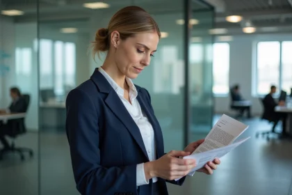 Employée de La Poste consultant des documents lors d'un changement de poste dans un bureau moderne