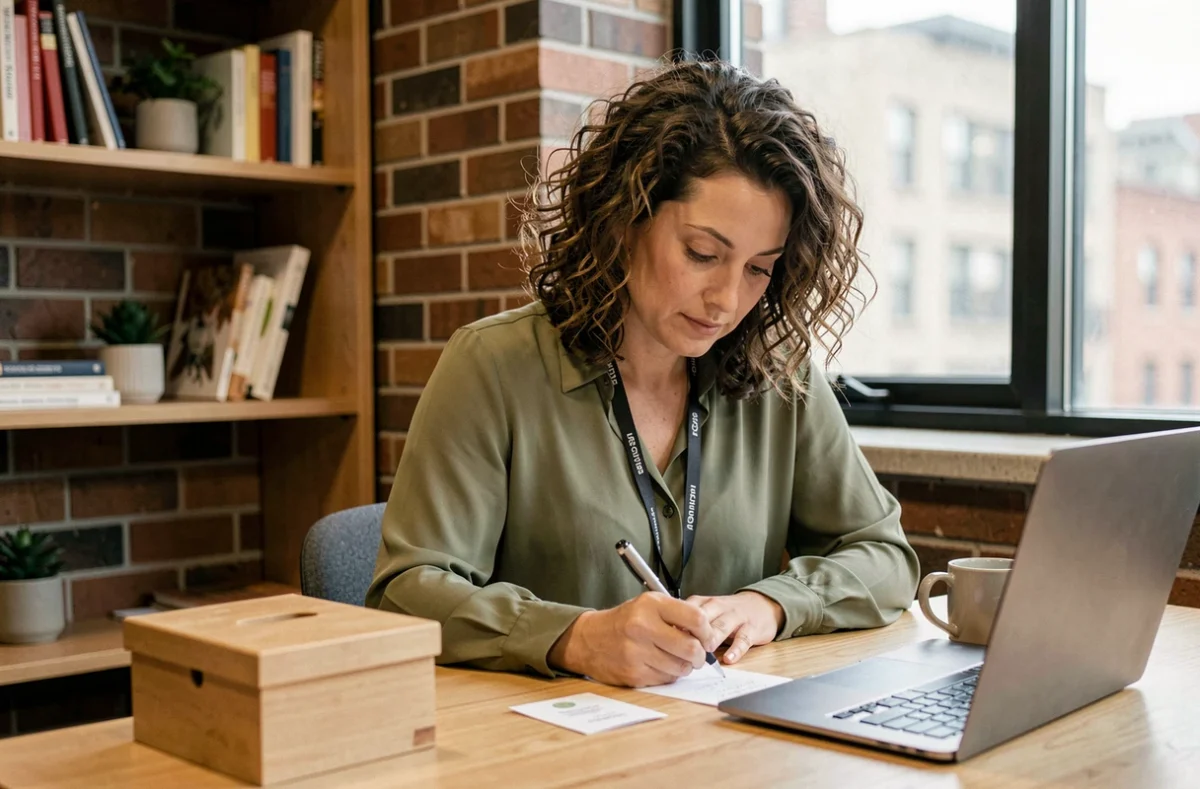 Employée rédigeant une suggestion anonyme à son bureau avec une boîte à idées en bois au premier plan