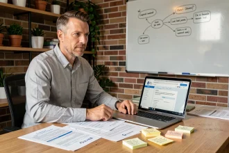 Entrepreneur français consultant des documents d'aide régionale à son bureau, entouré de formulaires de subvention et d'un ordinateur portable affichant un portail gouvernemental