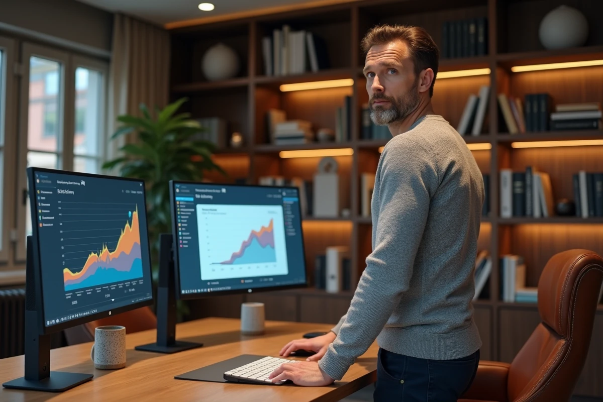 Entrepreneur masculin debout devant un écran d'analytique business dans un bureau à domicile bien aménagé