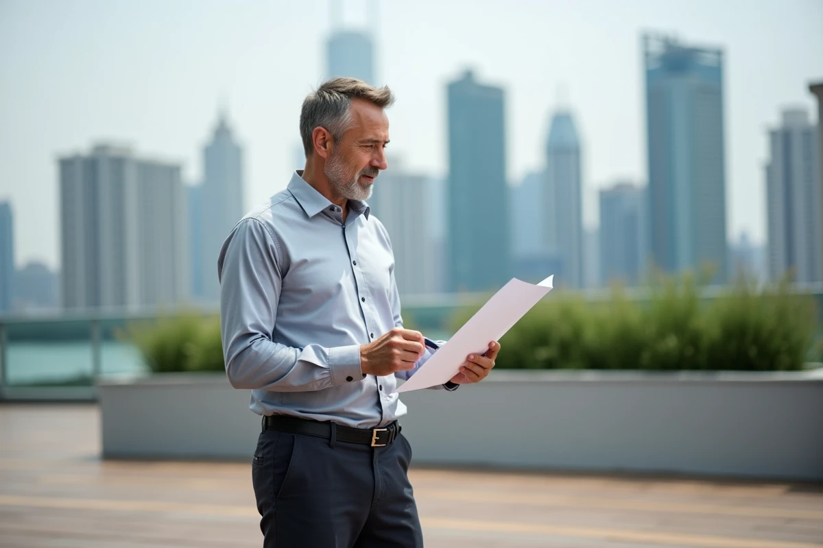 Entrepreneur masculin consultant un business plan sur une terrasse urbaine, représentant la planification et l'accélération de projets professionnels en ligne
