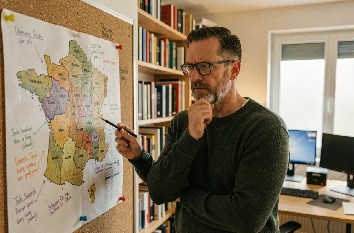 Chef d'entreprise analysant une carte régionale des aides entrepreneuriales en France, identifiant les zones de financement et les pièges administratifs liés aux subventions régionales