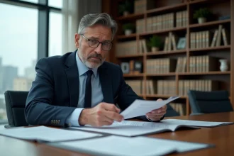 Entrepreneur industriel en costume marine examinant un mémorandum légal sur une table de conférence couverte de documents officiels dans un bureau moderne