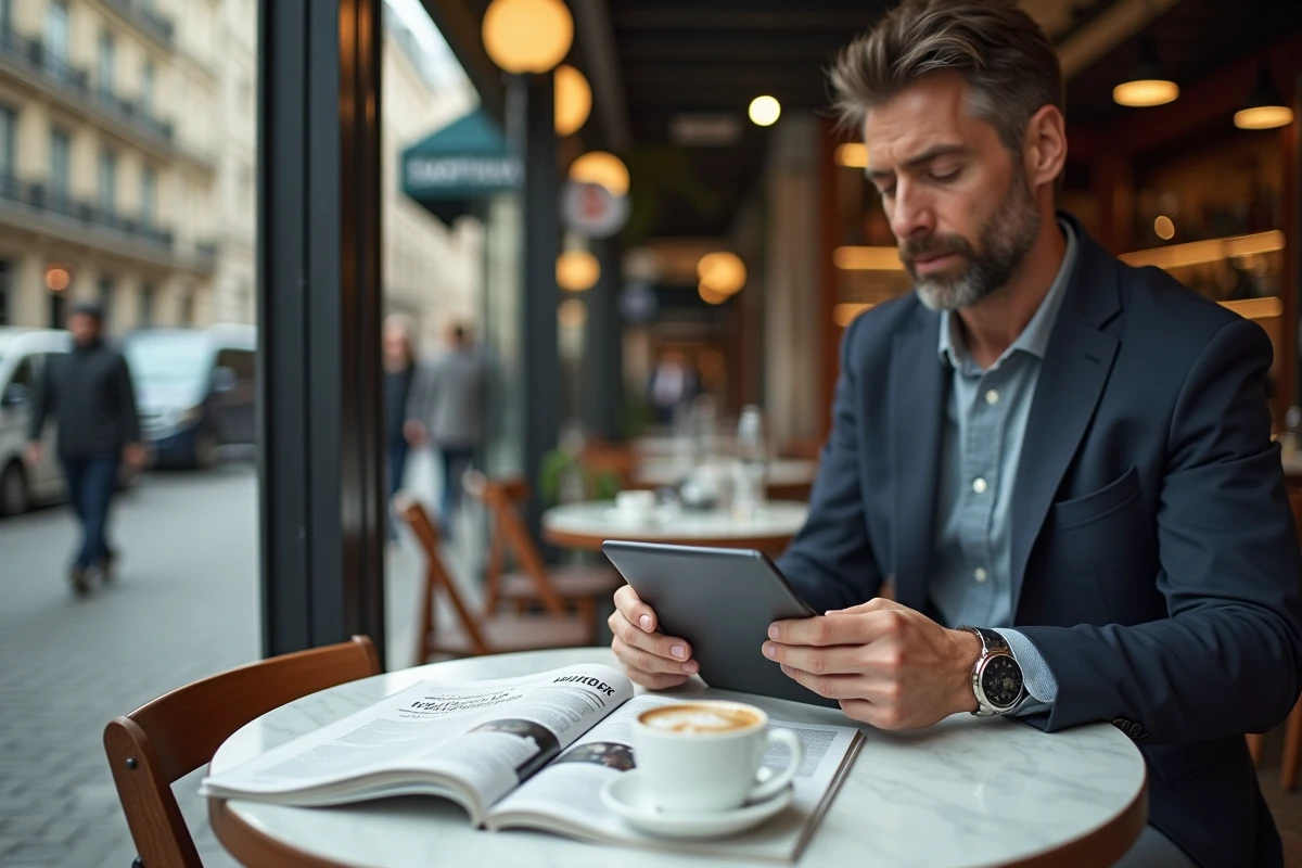 Entrepreneur comparant presse digitale et magazine papier dans un café parisien contemporain