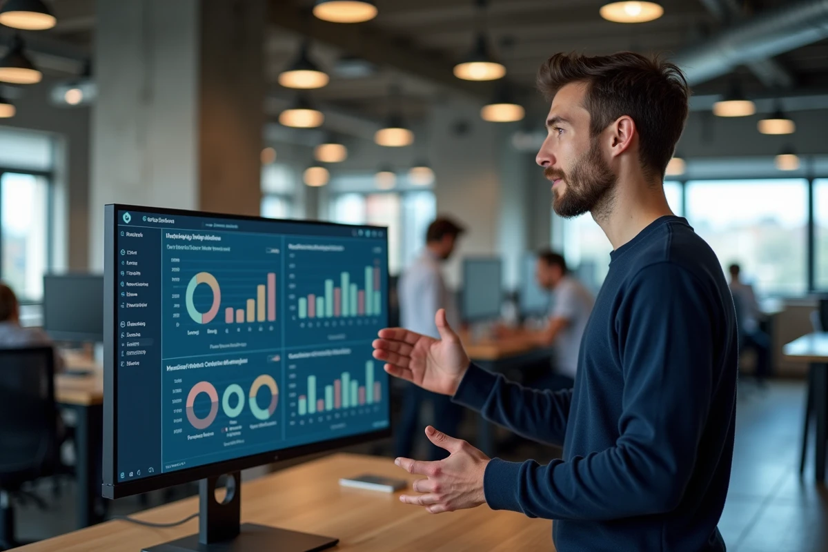 Entrepreneur masculin présentant des outils IA pour le marketing digital dans un espace de coworking moderne
