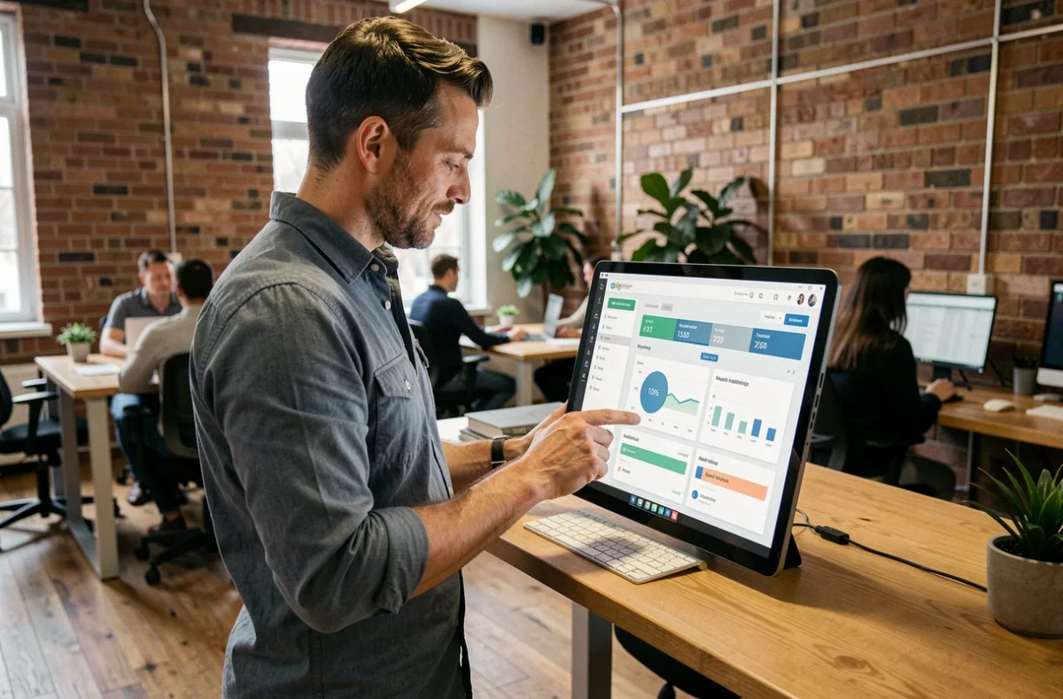 Entrepreneur masculin consultant une plateforme de gestion de marché sur tablette dans un espace de coworking moderne