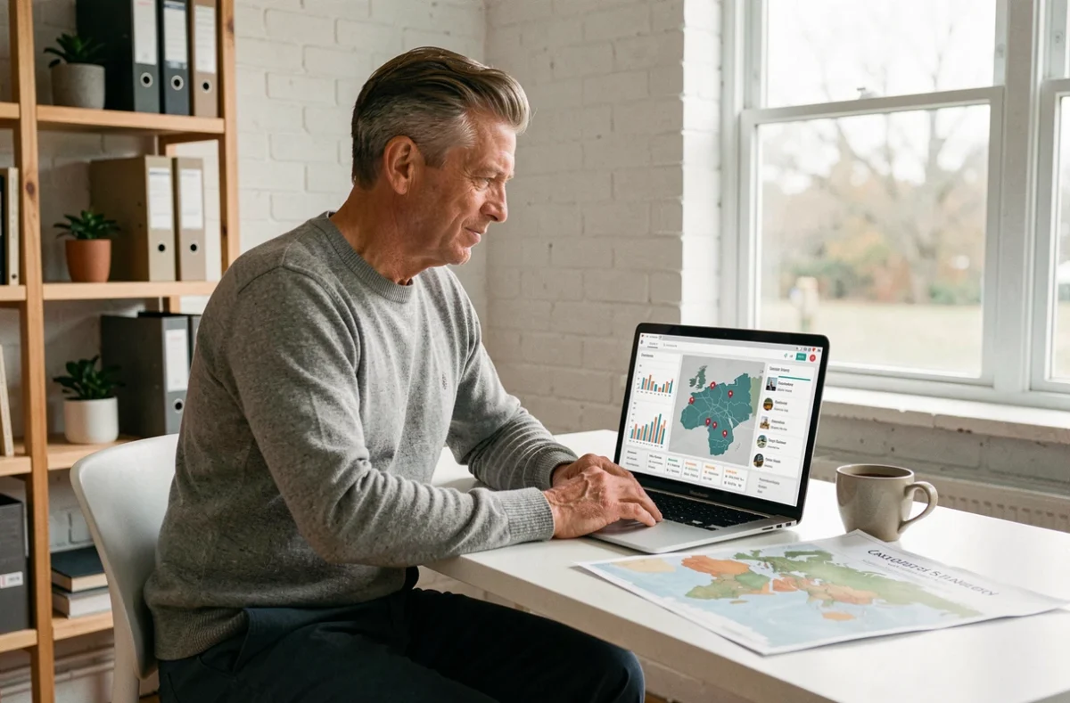 Entrepreneur consultant une plateforme territoriale de projets d'implantation sur ordinateur portable dans un bureau à domicile