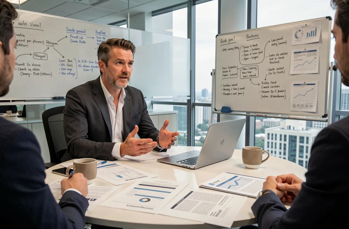 Entrepreneur en réunion stratégique dans une salle de conférence de startup moderne