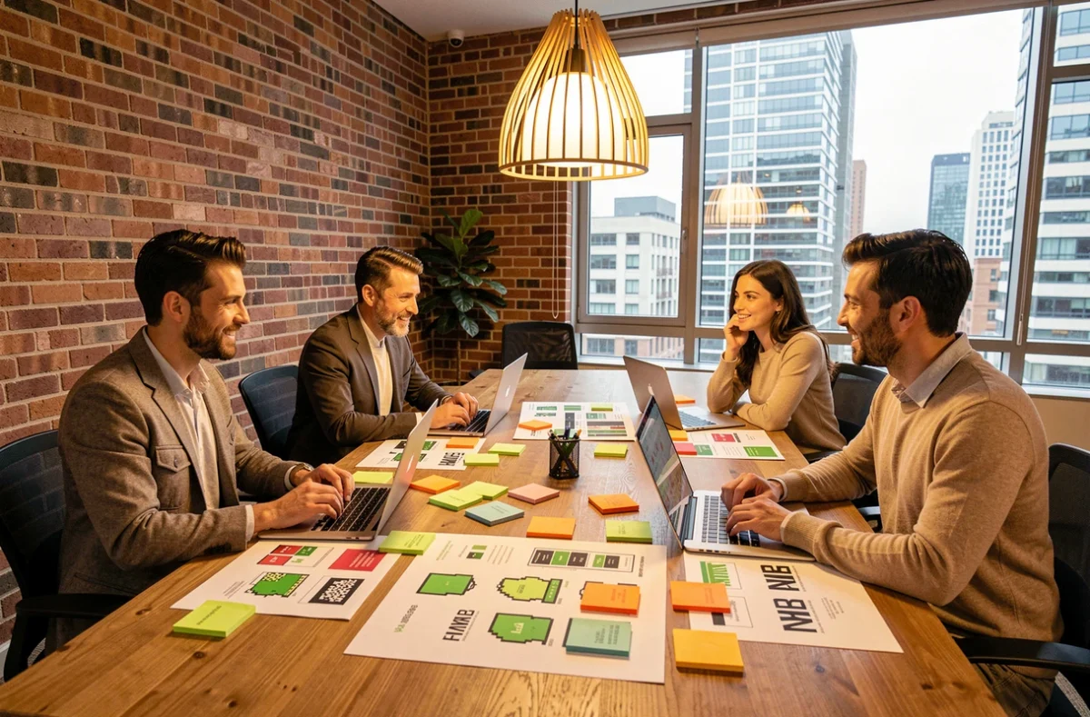 Équipe pluridisciplinaire d'une agence innovante collaborant sur des projets créatifs et digitaux autour d'une table de brainstorming