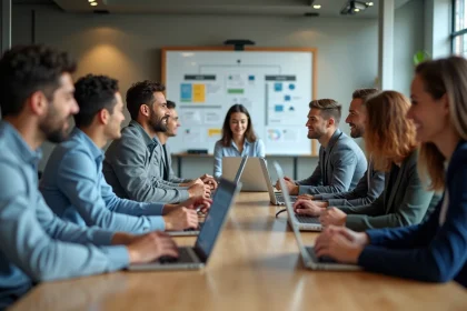 Groupe de professionnels en r&eacute;union agile au bureau