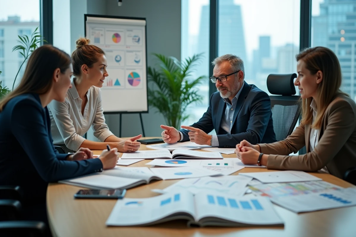Équipe de professionnels analysant le contenu d'un magazine business en salle de réunion stratégique