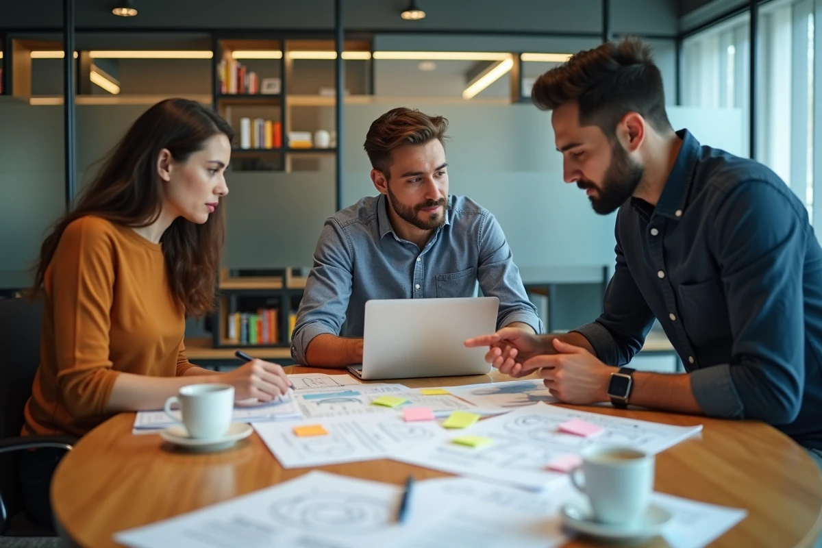Équipe pluridisciplinaire collaborant sur une stratégie de site web autour d'une table de réunion