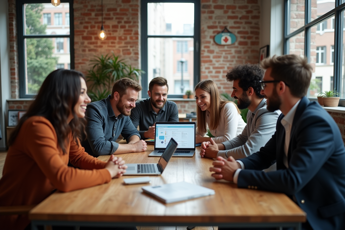 Equipe marketing en discussion dans un espace coworking
