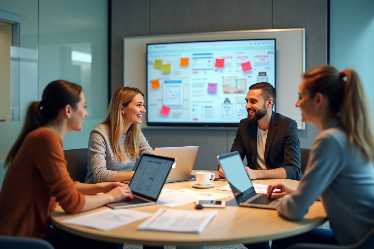 Équipe de professionnels discutant d'une stratégie sur une plateforme business autour d'une table de réunion moderne