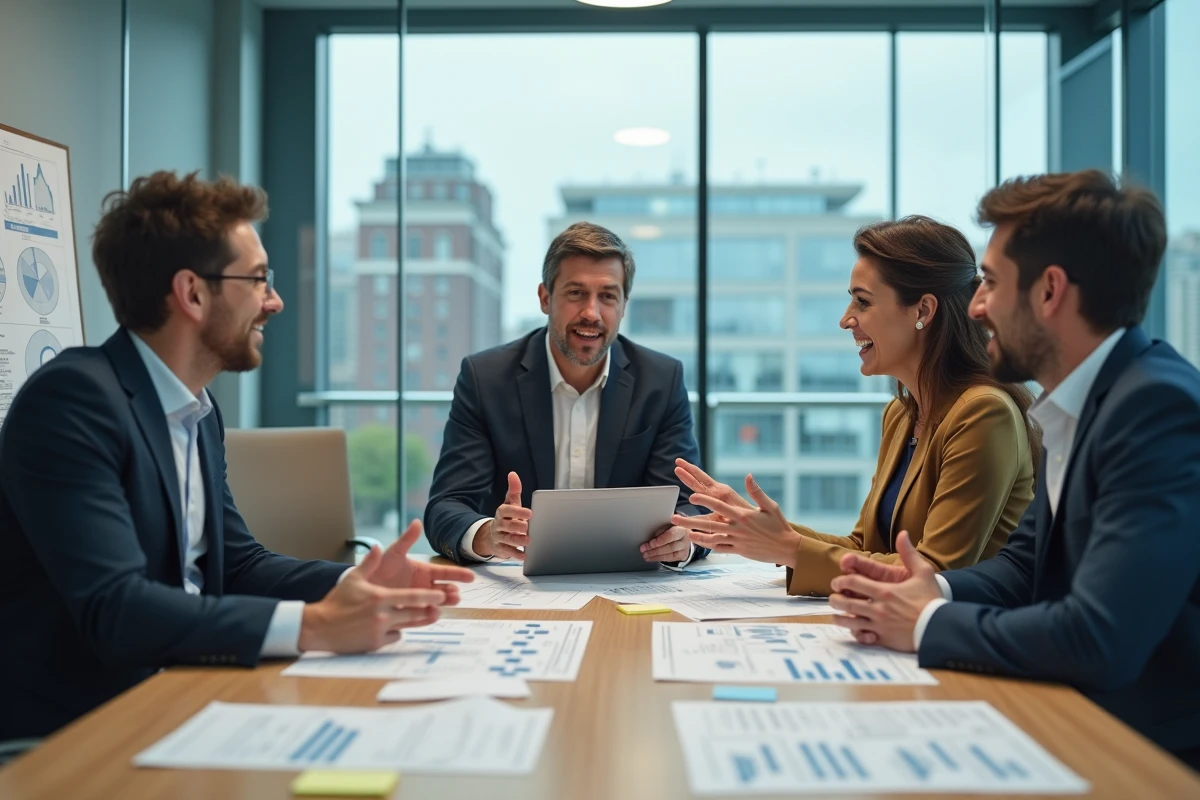 Équipe de professionnels en réunion stratégique autour d'une table avec documents et tablette, symbolisant l'accompagnement de projets d'entreprise