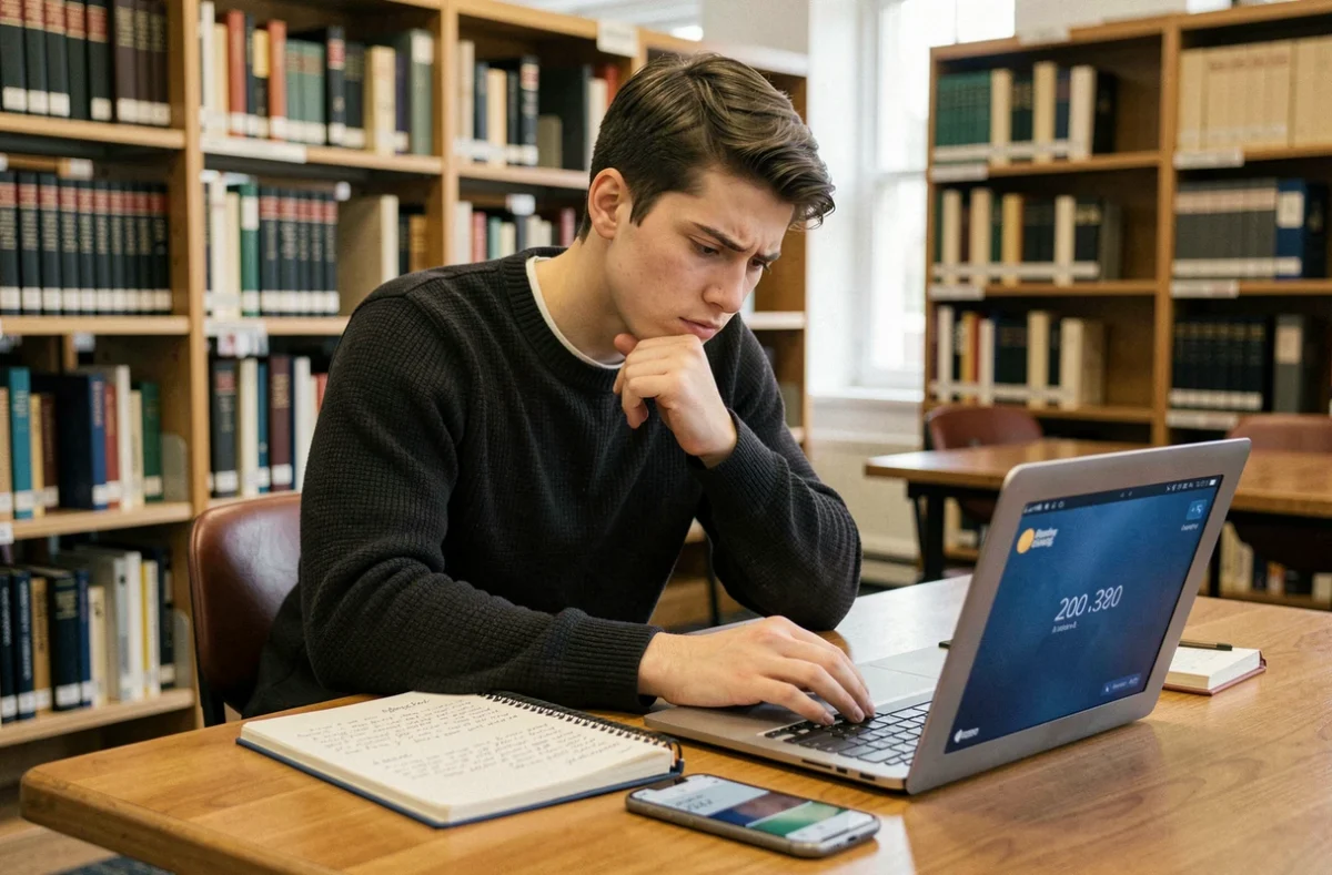 Étudiant stagiaire stressé vérifiant son solde bancaire vide sur smartphone dans une bibliothèque universitaire