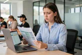 Étudiante stagiaire inquiète consultant ses documents de rémunération de stage non versée dans un bureau professionnel