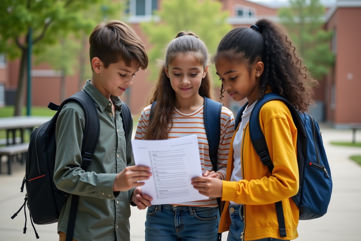 Jeunes lyceens consultent une fiche de securite en plein air