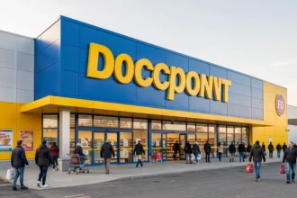 Façade d'un supermarché discount et clients à l'entrée