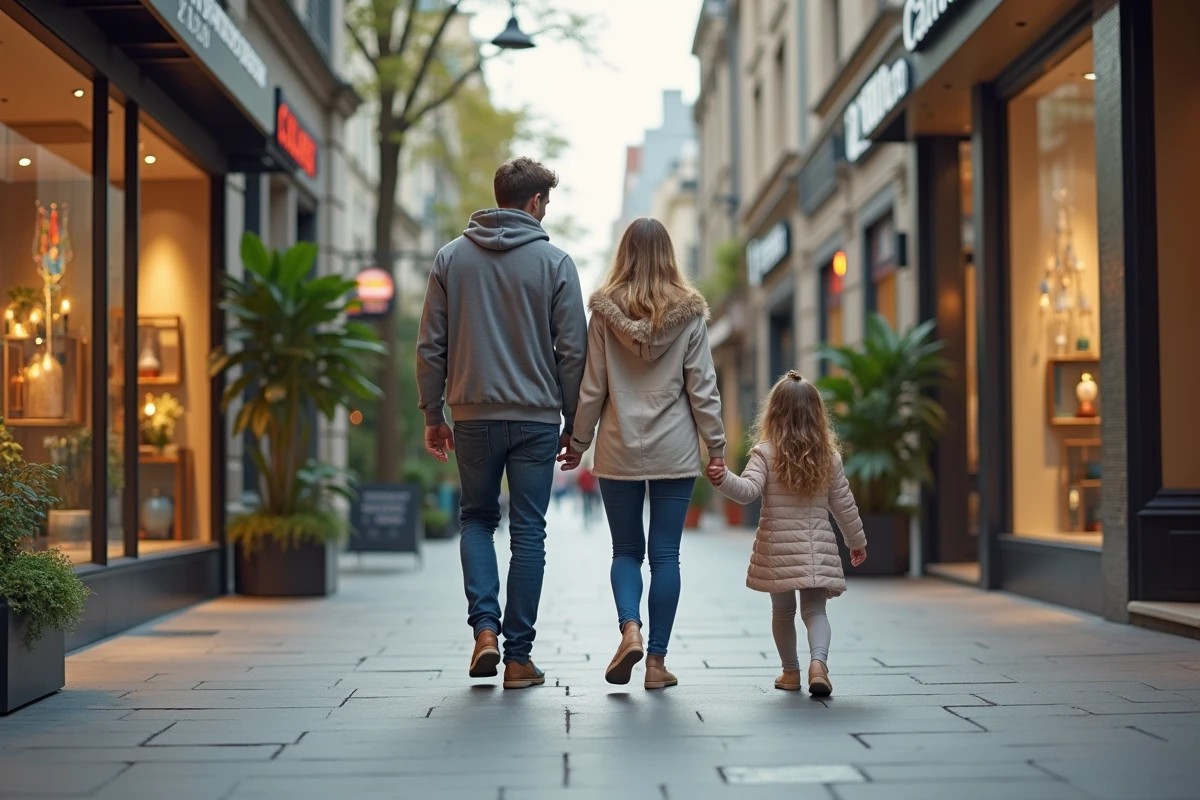 Famille se promenant dans une rue commerçante