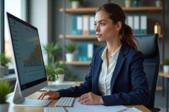 Femme d'affaires analysant des KPI sur un ordinateur
