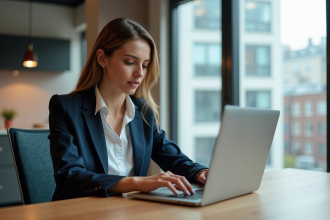 Femme confiante analysant des graphiques dans un bureau moderne